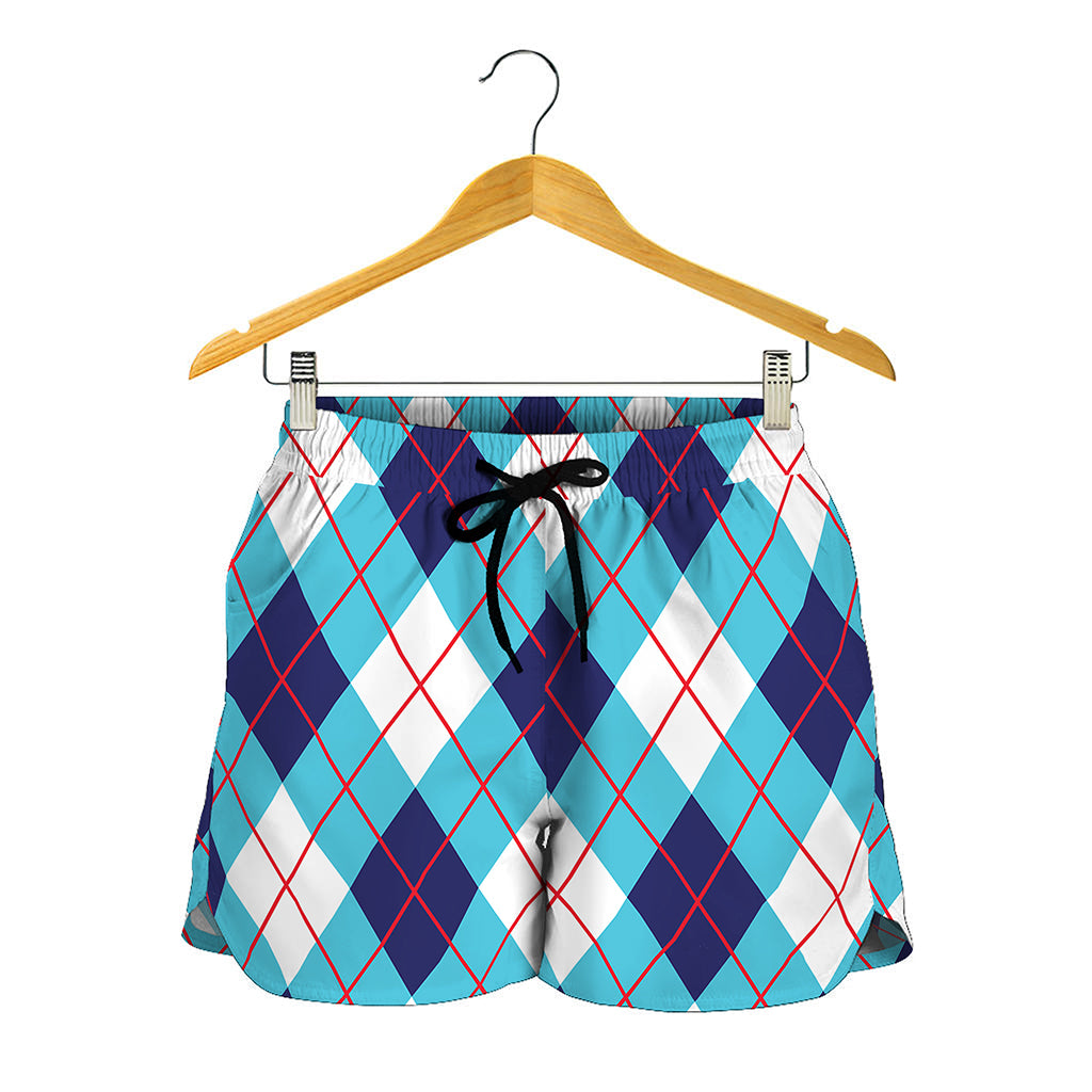 White Blue And Red Argyle Pattern Print Women's Shorts