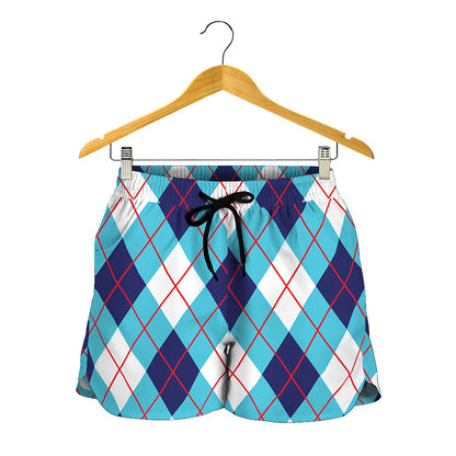 White Blue And Red Argyle Pattern Print Women's Shorts
