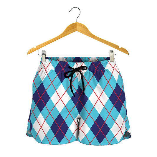 White Blue And Red Argyle Pattern Print Women's Shorts
