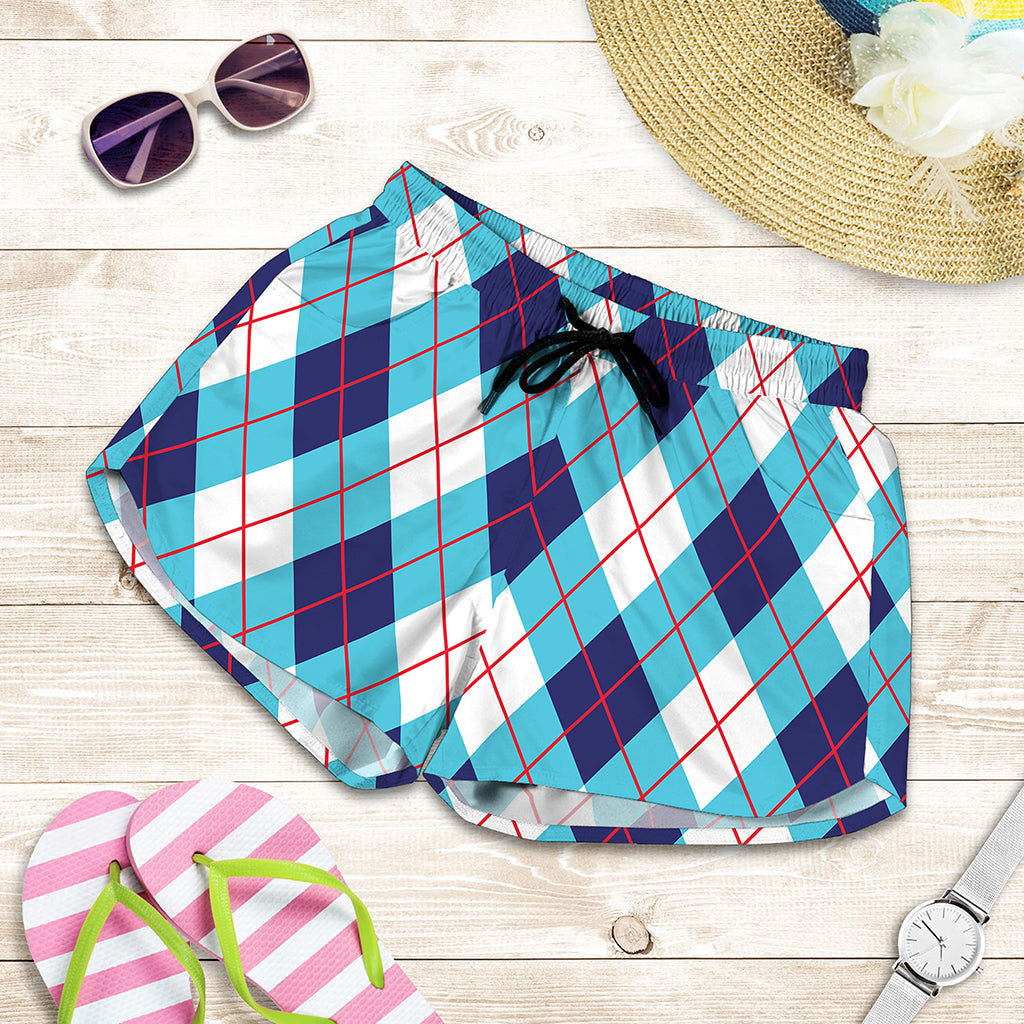 White Blue And Red Argyle Pattern Print Women's Shorts
