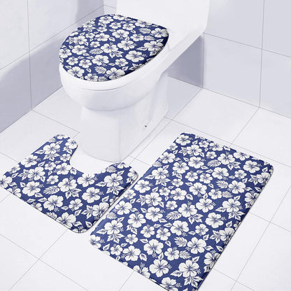 White Blue Hibiscus Floral Pattern Print 3 Piece Bath Mat Set