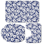 White Blue Hibiscus Floral Pattern Print 3 Piece Bath Mat Set