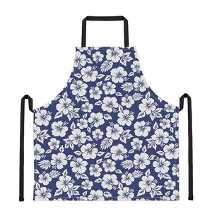 White Blue Hibiscus Floral Pattern Print Apron