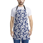 White Blue Hibiscus Floral Pattern Print Apron