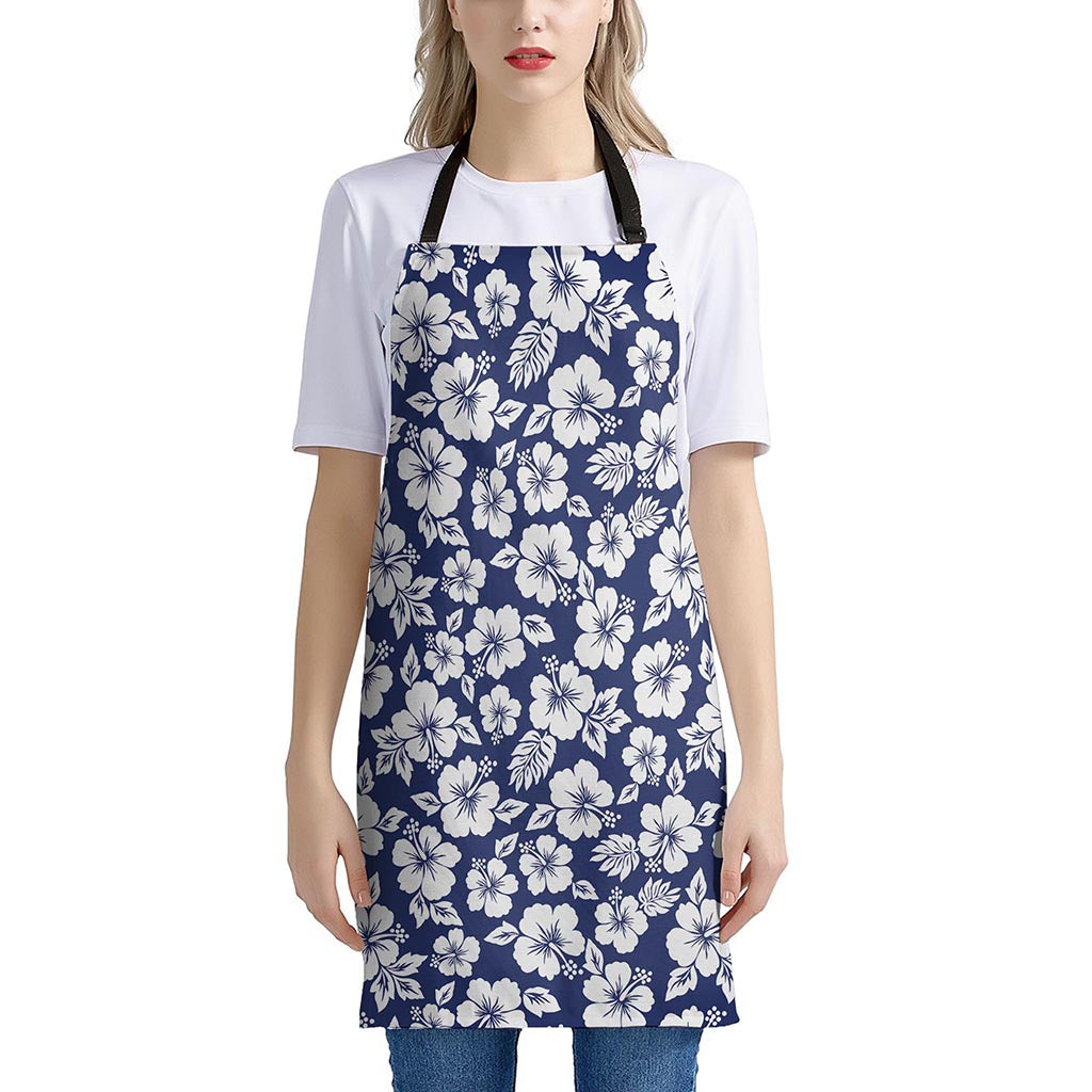 White Blue Hibiscus Floral Pattern Print Apron