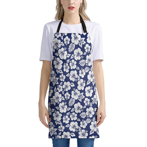 White Blue Hibiscus Floral Pattern Print Apron