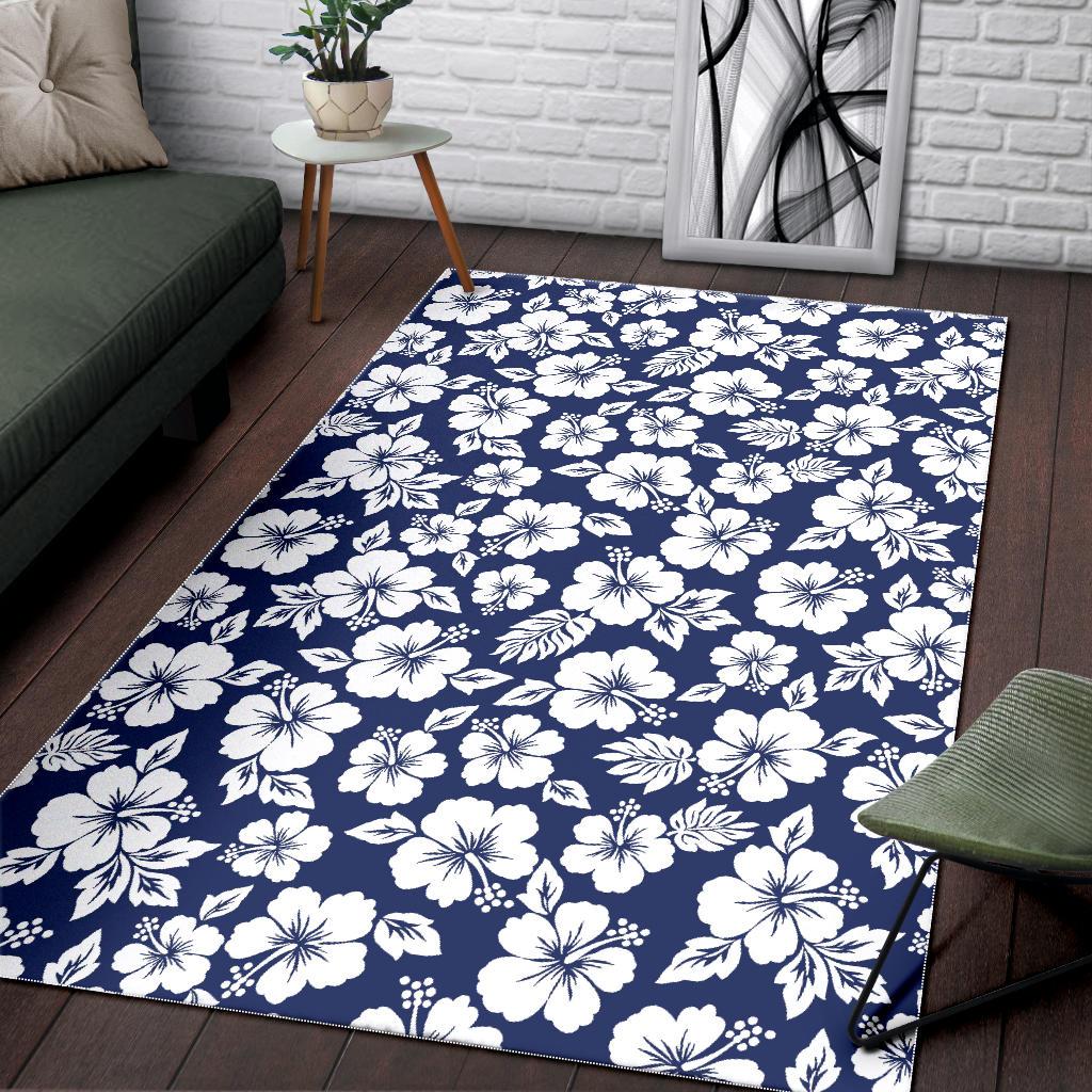 White Blue Hibiscus Floral Pattern Print Area Rug GearFrost
