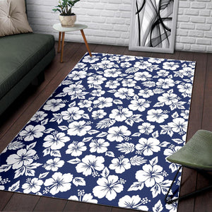 White Blue Hibiscus Floral Pattern Print Area Rug GearFrost