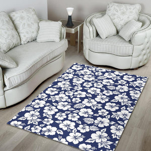 White Blue Hibiscus Floral Pattern Print Area Rug GearFrost