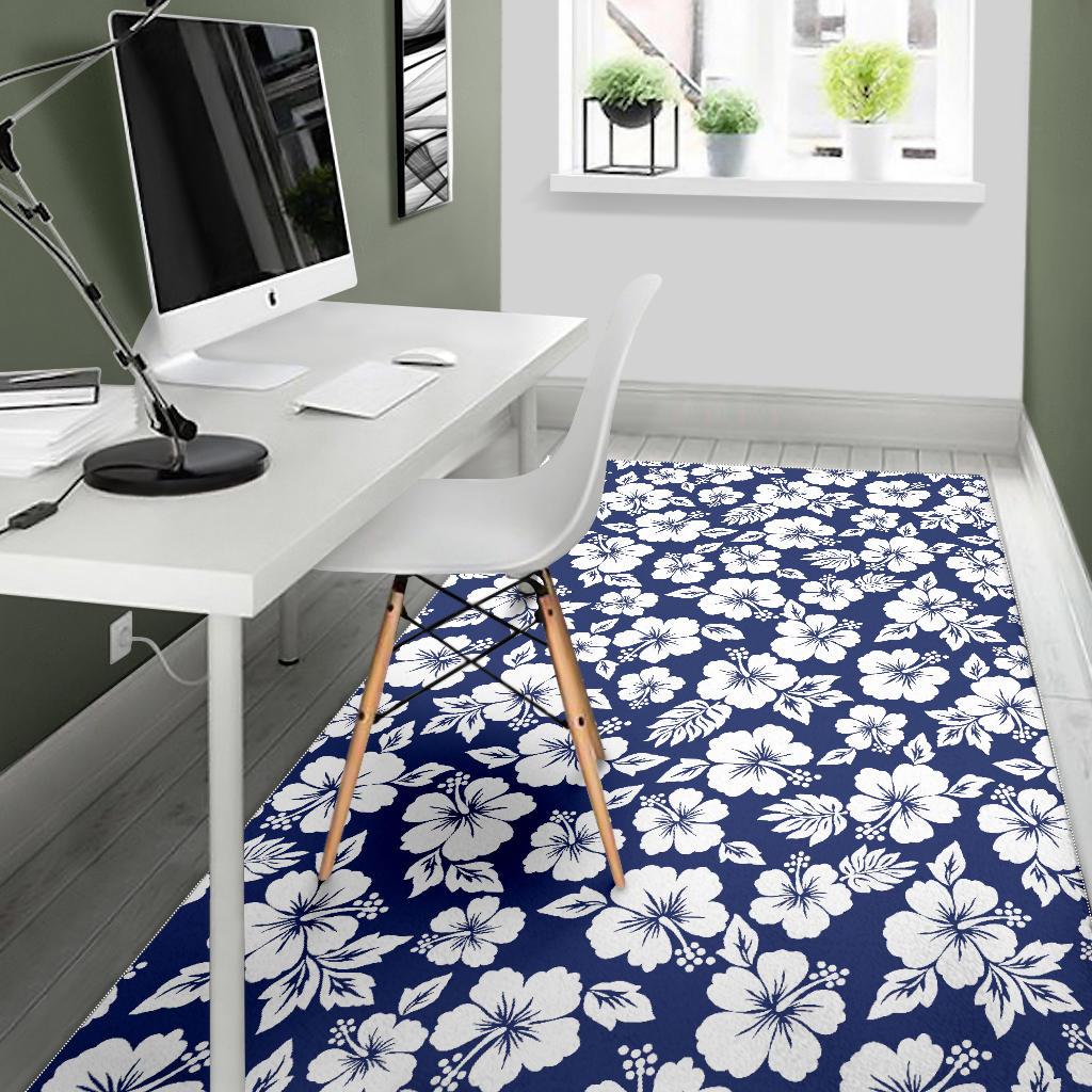 White Blue Hibiscus Floral Pattern Print Area Rug GearFrost