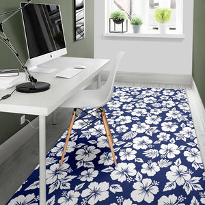 White Blue Hibiscus Floral Pattern Print Area Rug GearFrost