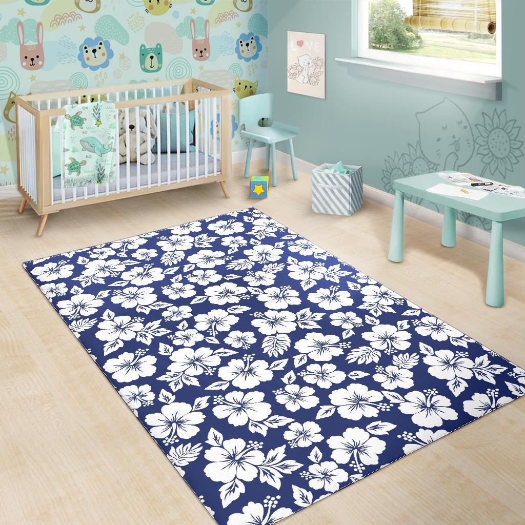 White Blue Hibiscus Floral Pattern Print Area Rug GearFrost