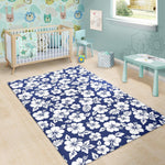 White Blue Hibiscus Floral Pattern Print Area Rug GearFrost