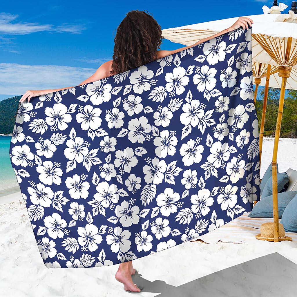 White Blue Hibiscus Floral Pattern Print Beach Sarong Wrap