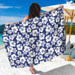 White Blue Hibiscus Floral Pattern Print Beach Sarong Wrap