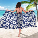 White Blue Hibiscus Floral Pattern Print Beach Sarong Wrap