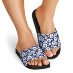 White Blue Hibiscus Floral Pattern Print Black Slide Sandals