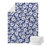 White Blue Hibiscus Floral Pattern Print Blanket