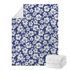 White Blue Hibiscus Floral Pattern Print Blanket