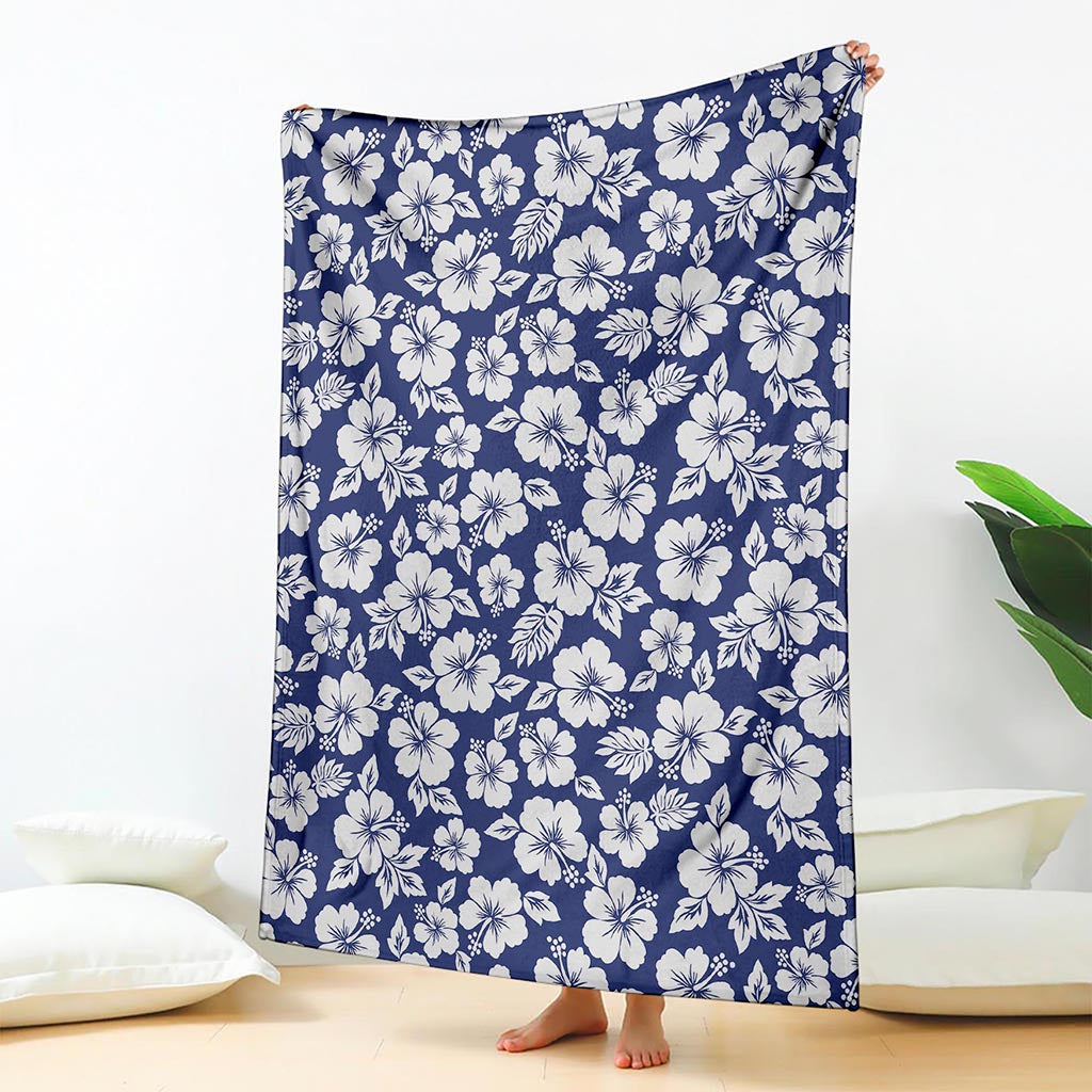 White Blue Hibiscus Floral Pattern Print Blanket