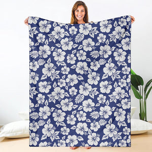 White Blue Hibiscus Floral Pattern Print Blanket