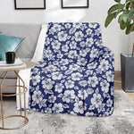 White Blue Hibiscus Floral Pattern Print Blanket