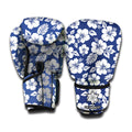 White Blue Hibiscus Floral Pattern Print Boxing Gloves