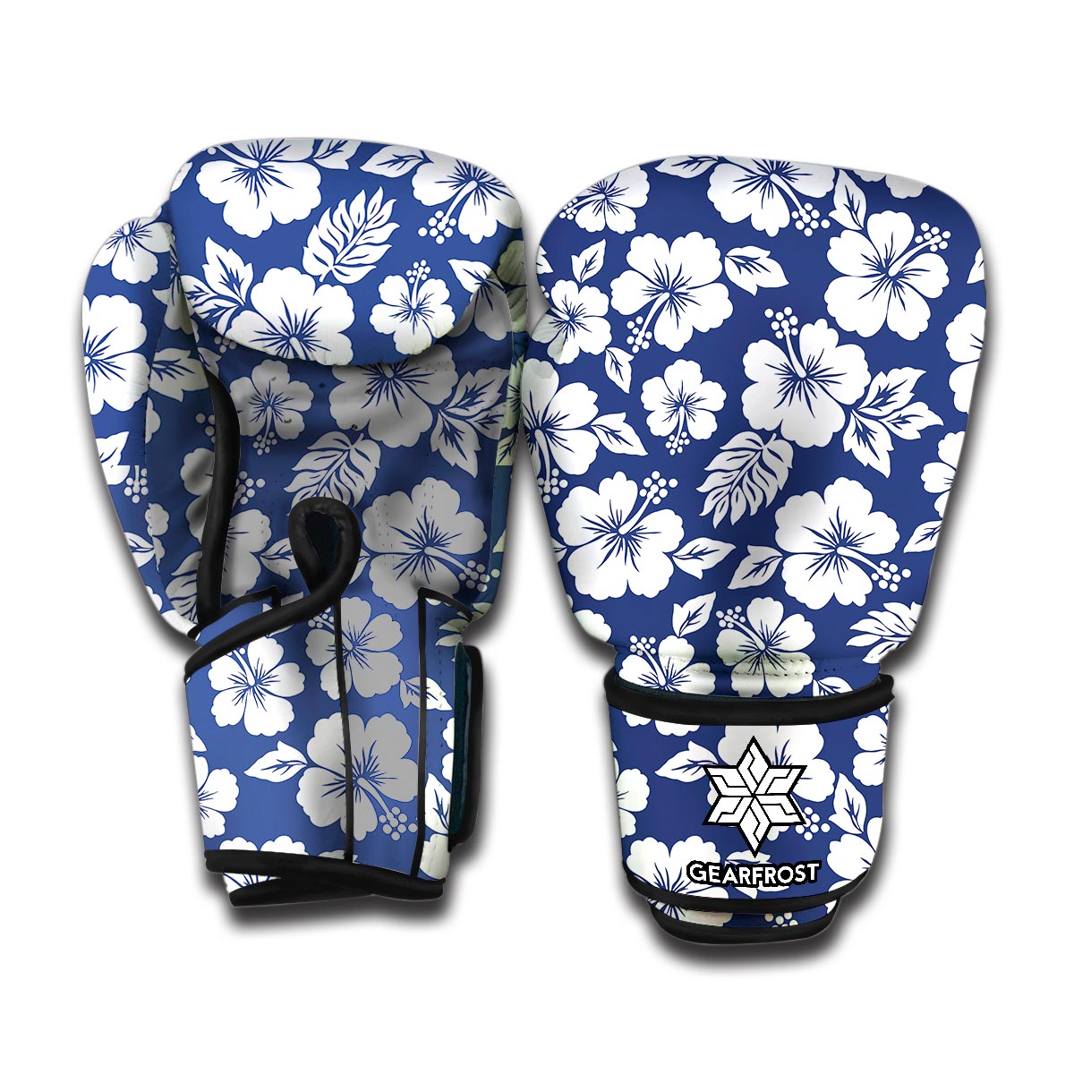 White Blue Hibiscus Floral Pattern Print Boxing Gloves