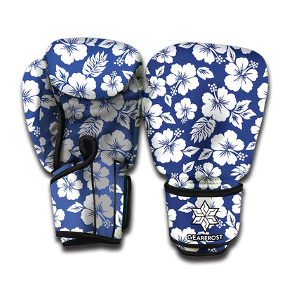 White Blue Hibiscus Floral Pattern Print Boxing Gloves