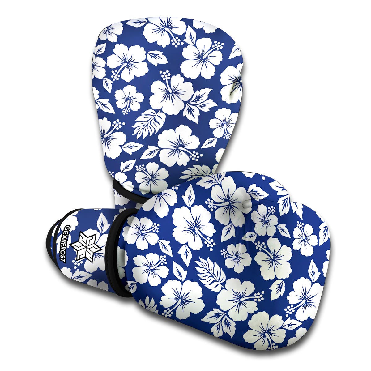 White Blue Hibiscus Floral Pattern Print Boxing Gloves