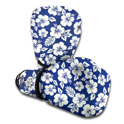 White Blue Hibiscus Floral Pattern Print Boxing Gloves