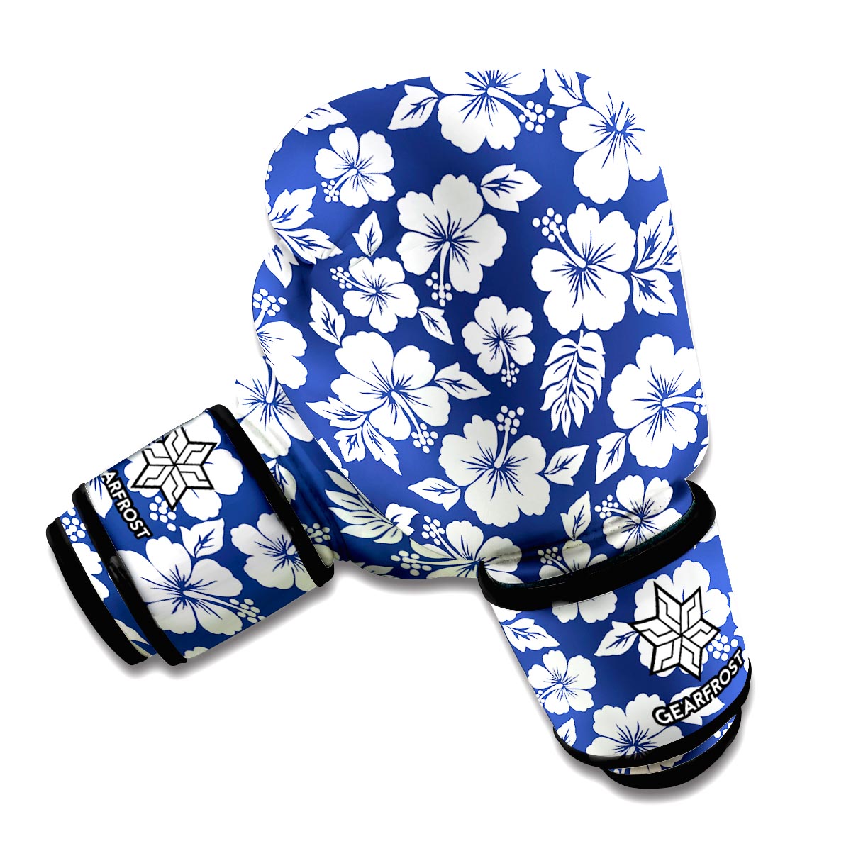 White Blue Hibiscus Floral Pattern Print Boxing Gloves
