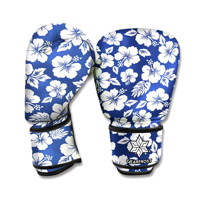 White Blue Hibiscus Floral Pattern Print Boxing Gloves