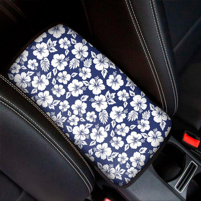 White Blue Hibiscus Floral Pattern Print Car Center Console Cover