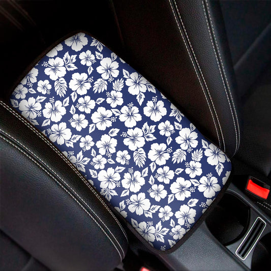 White Blue Hibiscus Floral Pattern Print Car Center Console Cover