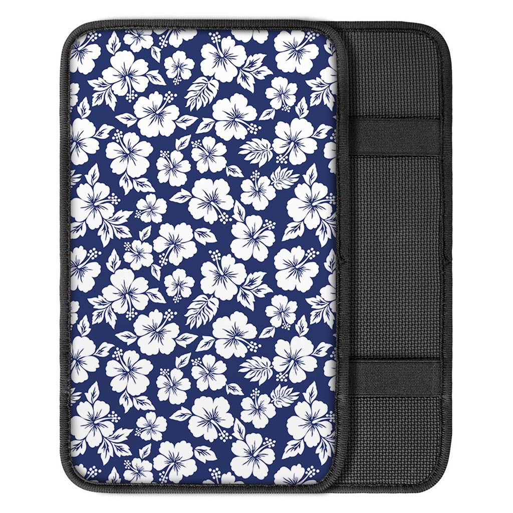 White Blue Hibiscus Floral Pattern Print Car Center Console Cover