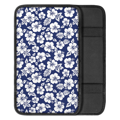White Blue Hibiscus Floral Pattern Print Car Center Console Cover