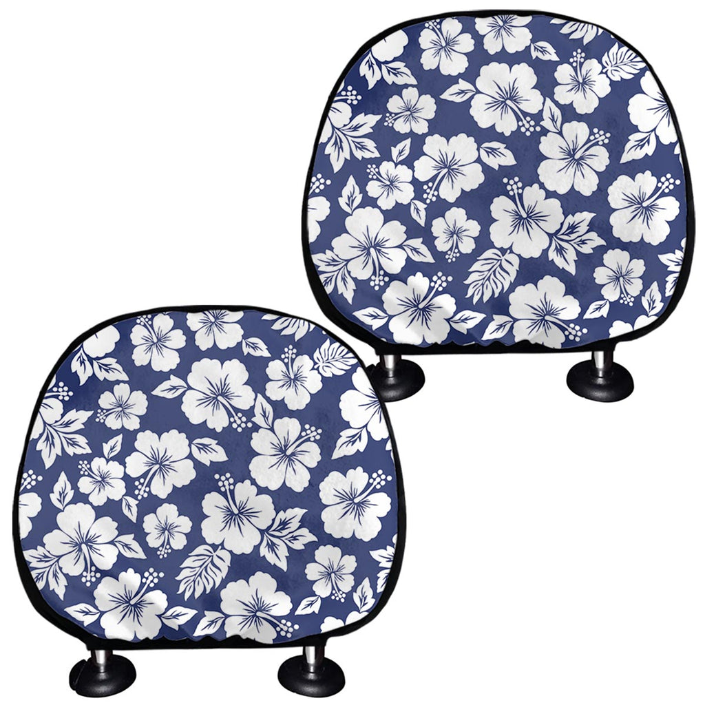 White Blue Hibiscus Floral Pattern Print Car Headrest Covers