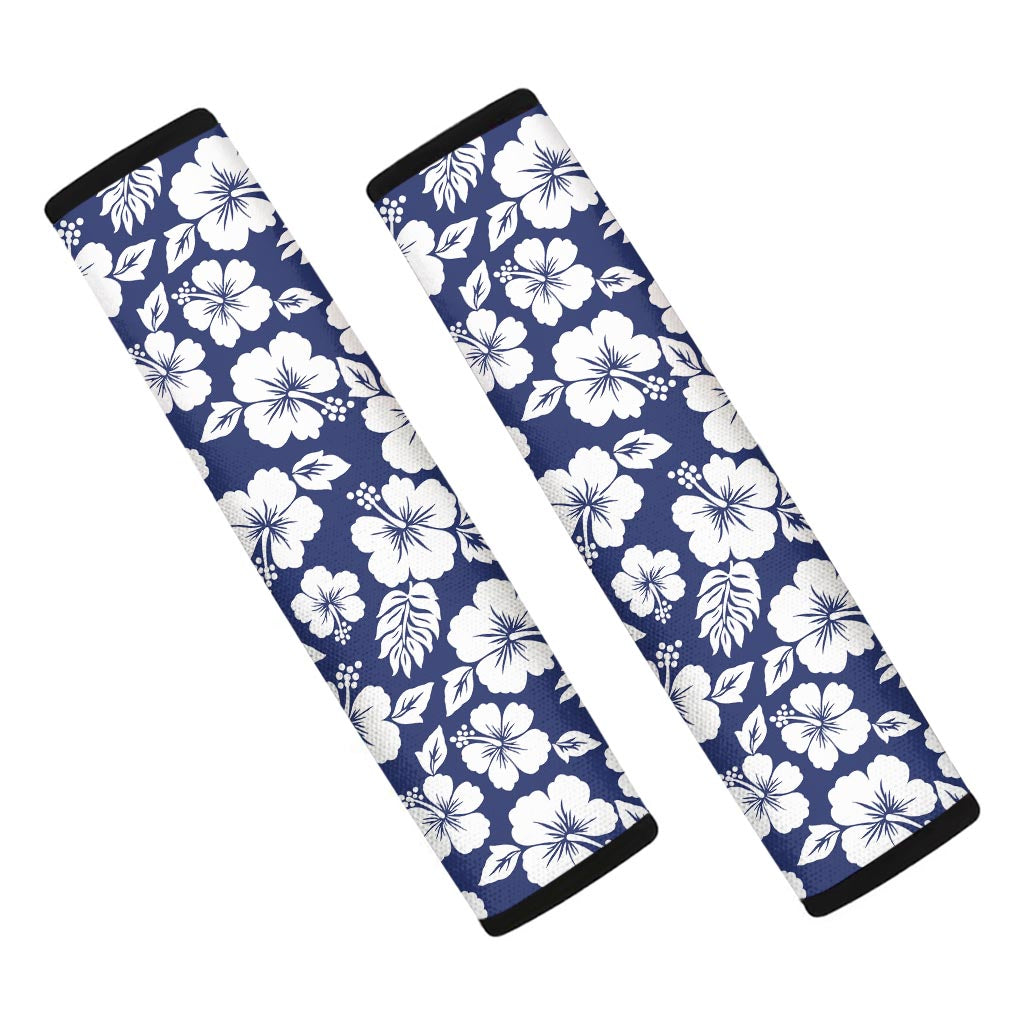 White Blue Hibiscus Floral Pattern Print Car Seat Belt Covers