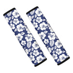 White Blue Hibiscus Floral Pattern Print Car Seat Belt Covers