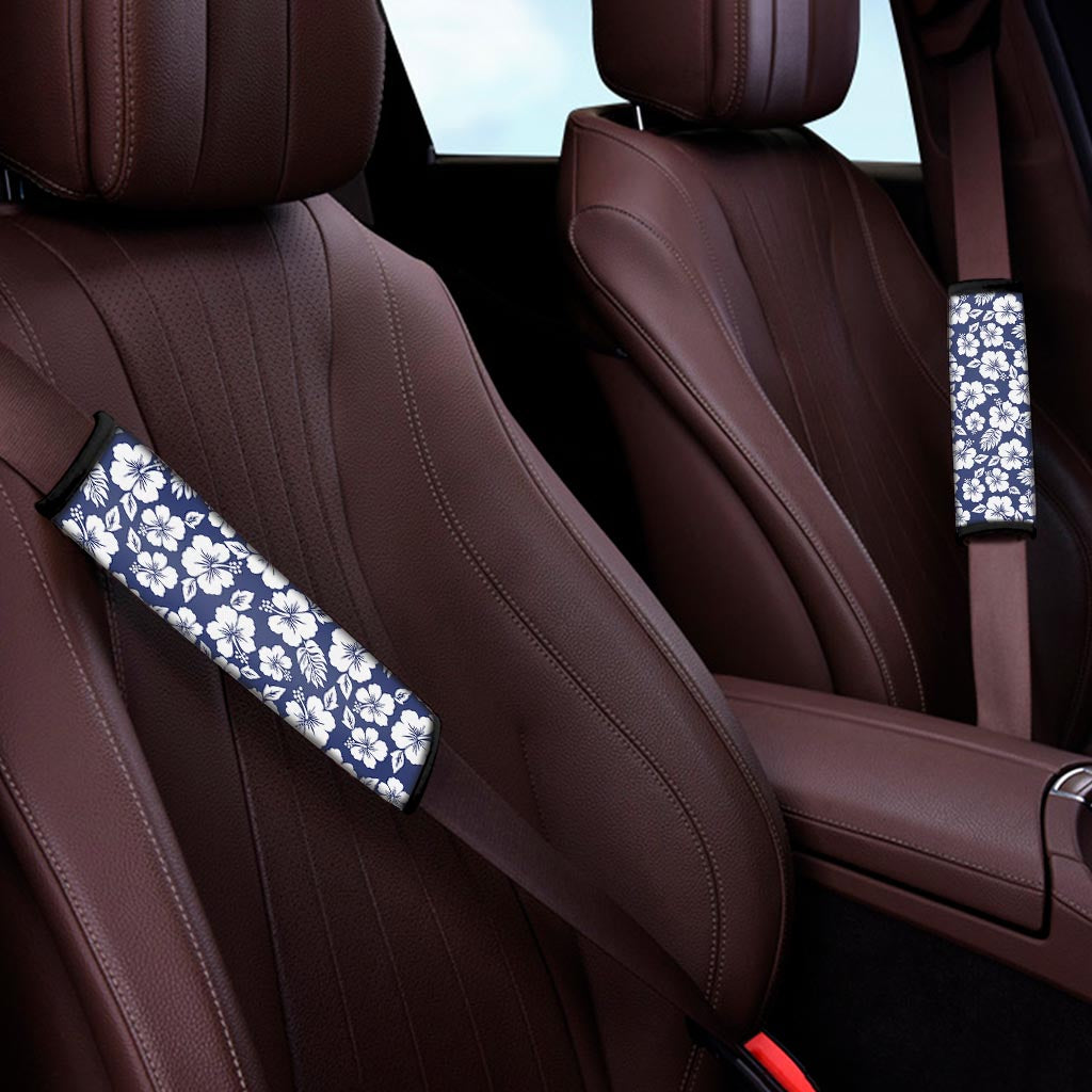 White Blue Hibiscus Floral Pattern Print Car Seat Belt Covers
