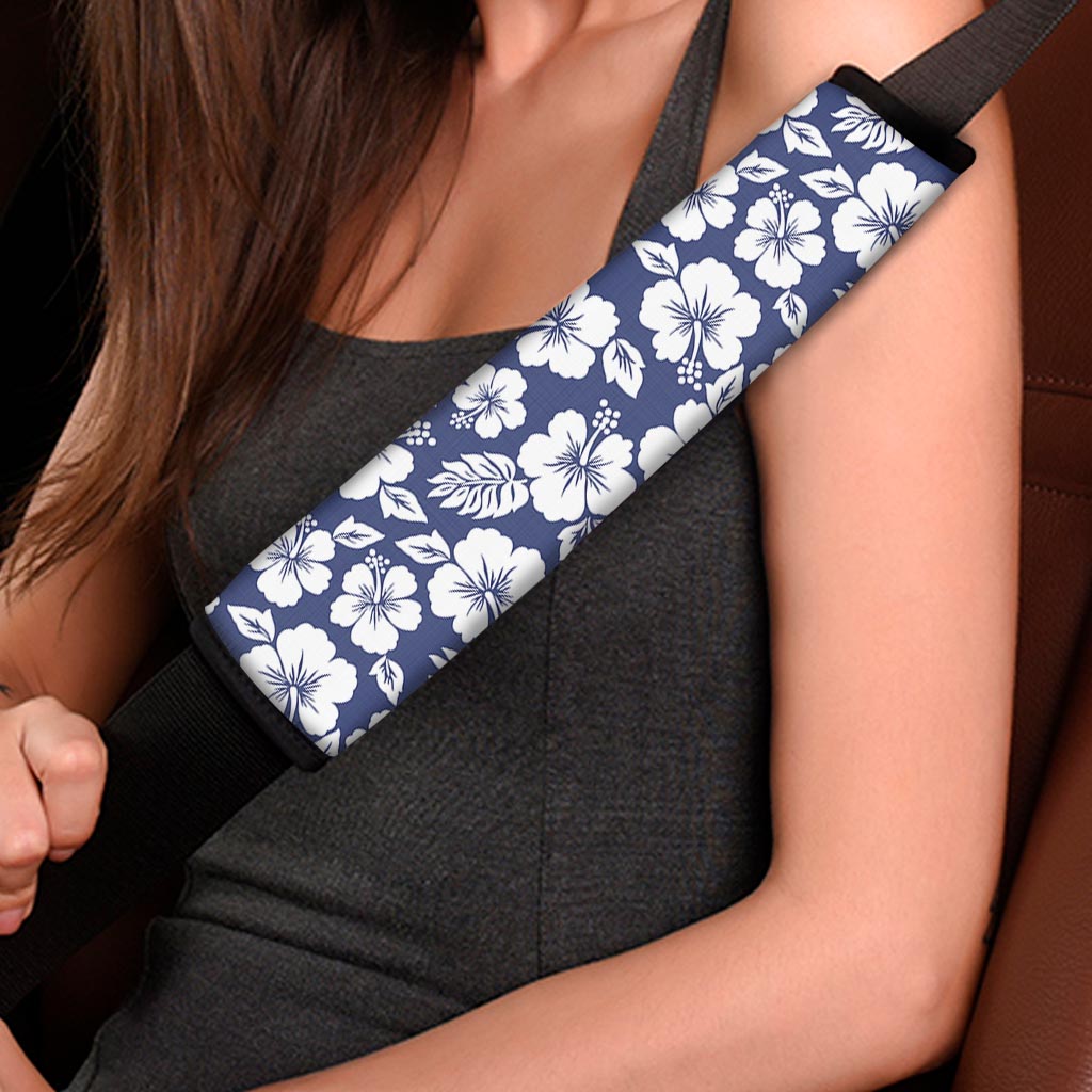 White Blue Hibiscus Floral Pattern Print Car Seat Belt Covers
