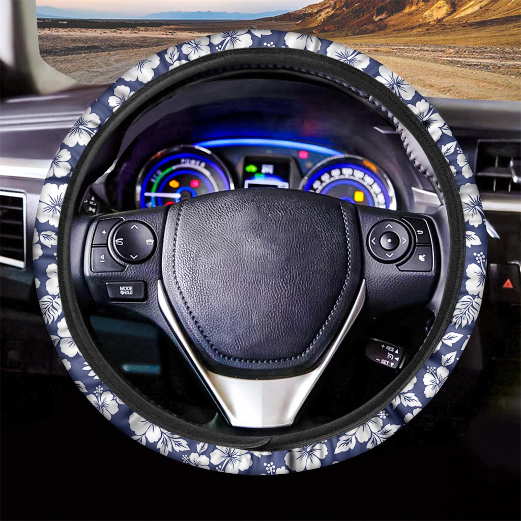 White Blue Hibiscus Floral Pattern Print Car Steering Wheel Cover