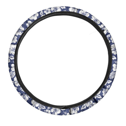 White Blue Hibiscus Floral Pattern Print Car Steering Wheel Cover