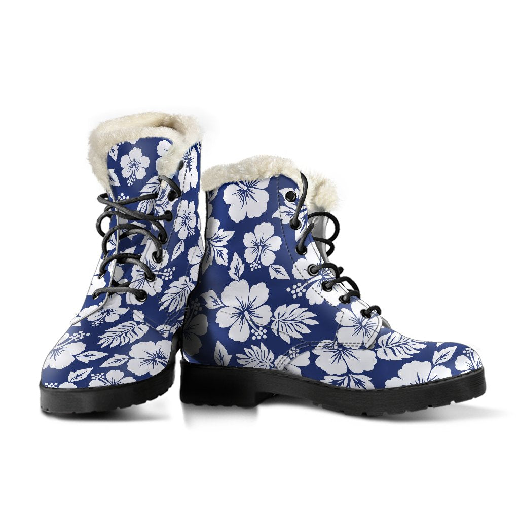 White Blue Hibiscus Floral Pattern Print Comfy Boots GearFrost