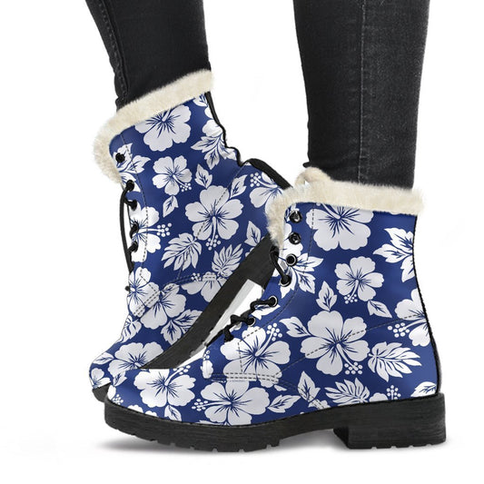 White Blue Hibiscus Floral Pattern Print Comfy Boots GearFrost