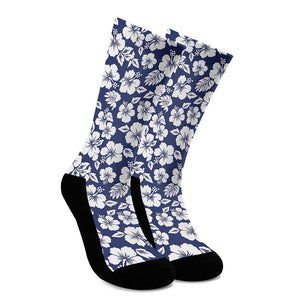 White Blue Hibiscus Floral Pattern Print Crew Socks