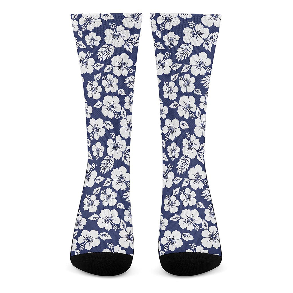 White Blue Hibiscus Floral Pattern Print Crew Socks