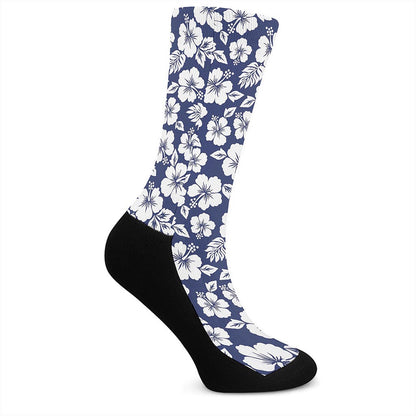White Blue Hibiscus Floral Pattern Print Crew Socks