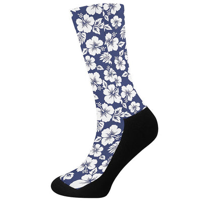 White Blue Hibiscus Floral Pattern Print Crew Socks